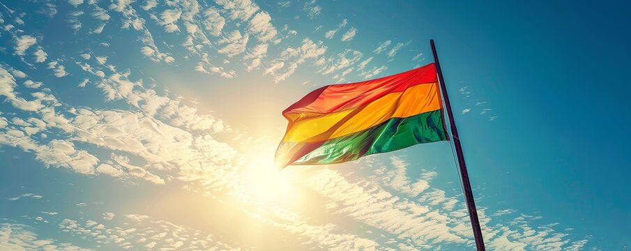 Guyana flag flying against a clear, sunny sky
