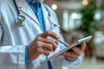 Doctor physician with tablet calculate medical fee costs and revenue practitioner use calculator at clinic