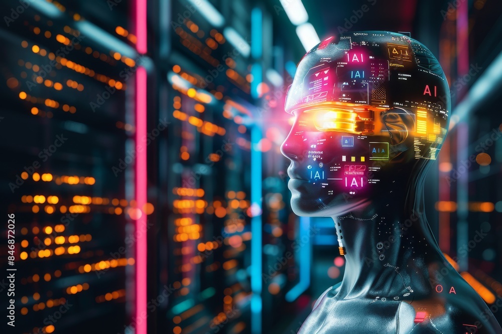 Poster ai humanoid with vibrant neon lights and intricate digital interface symbolizing advanced technology