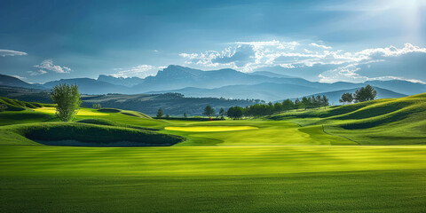 Obraz premium Picturesque golf course with rolling green hills, surrounded by scenic landscapes and distant mountains under a clear blue sky, perfect for leisure and outdoor activities..