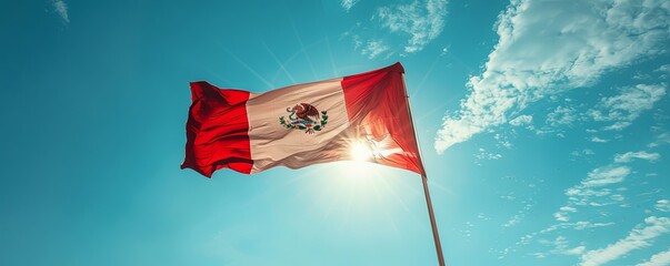 Peru flag against a clear, blue sky
