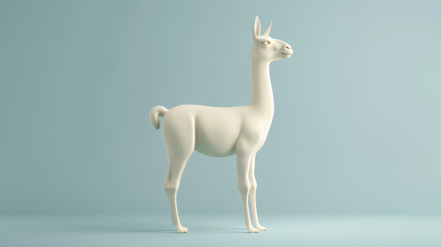 A 3D-rendered white llama sculpture standing against a pastel blue background, featuring a sleek, modern design. - Powered by Adobe
