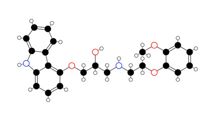 carvedilol molecule, structural chemical formula, ball-and-stick model, isolated image beta-blocker