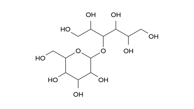 maltitol molecule, structural chemical formula, ball-and-stick model, isolated image sugar alcohol