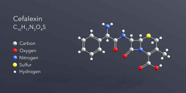 cefalexin molecule 3d rendering, flat molecular structure with chemical formula and atoms color coding