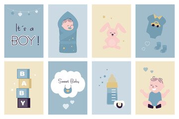 Set of baby elements and things for shower or greeting cards, banner with doodle newborn accessories and goods. Design collection on colorful backgrounds. It's a boy