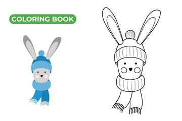 Rabbit in winter blue hat and scarf. Vector illustration hare. Black and white linear drawing of cute animal. Coloring book with bunny in clothes for kids.