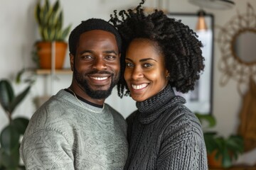 Fototapeta premium Portrait of a blissful afro-american couple in their 30s dressed in a comfy fleece pullover isolated on minimalist or empty room background