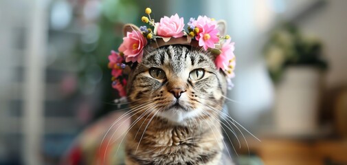 Cute tabby cat wearing a pink flower crown.