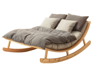 Modern rocking bed with cozy pillows and blankets, offering stylish comfort and relaxation in a contemporary wooden frame.
