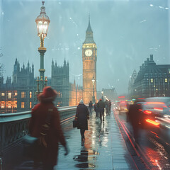 Obraz premium A group of people walk across a bridge in London, with a clock tower in the background. The scene is rainy and the people are carrying umbrellas
