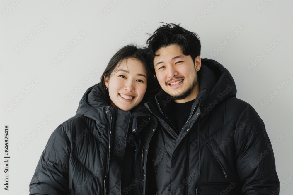 Wall mural Portrait of a happy asian couple in their 20s donning a durable down jacket on minimalist or empty room background