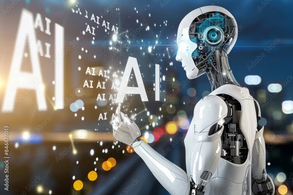 Poster ai humanoid with vibrant digital interface and intricate details symbolizing advanced technology and