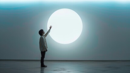 Obraz premium person reaching out to touch a giant, floating light bulb in a minimalistic room