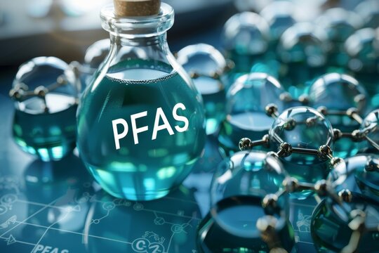 Per-and Polyfluoroalkyl Substances in laboratory environment for research purposes,  pollution and health risks symbol, banner