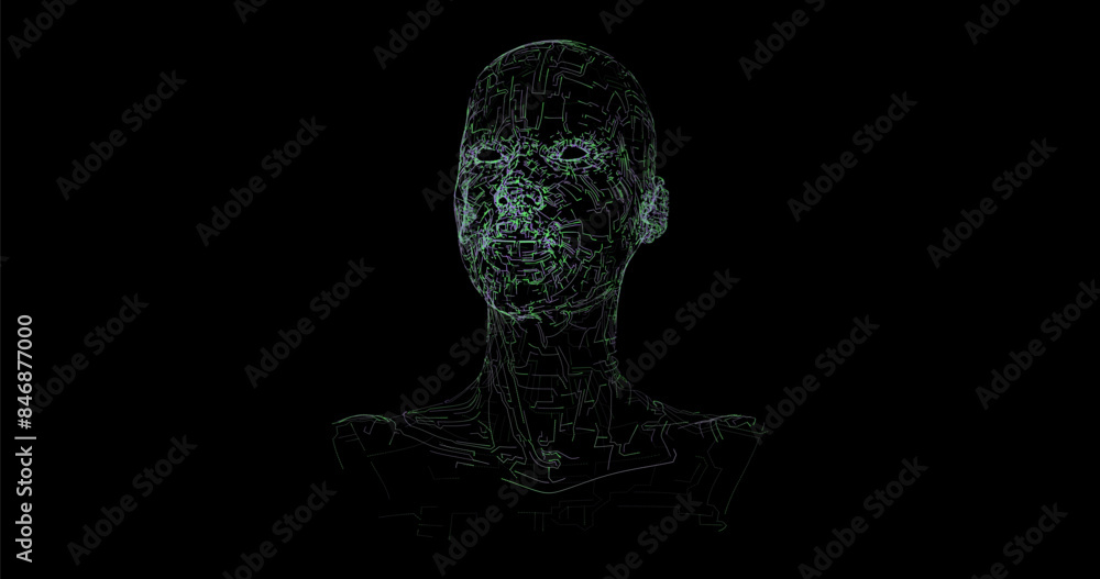 Poster abstract vector bust of a man in technological style with green and blue glowing lines on a black ba