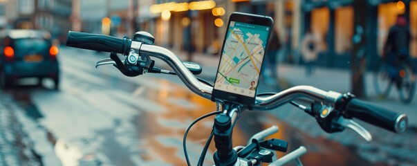 Smartphone showing gps navigation app fixed on a bicycle handlebar - Powered by Adobe