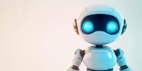 A robot with a retro feel, in white and blue, on a matte background.