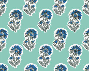 INDIAN TRADITIONAL FLORAL SANGANERI BLOCK PRINT SEAMLESS PATTERN VECTOR ILLUSTRATION