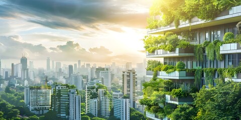 Urban skyline with green rooftops and vertical gardens reducing urban heat island. Concept Urban Green Infrastructure, Sustainable Architecture, Climate Resilience, Urban Heat Island, Green Rooftops
