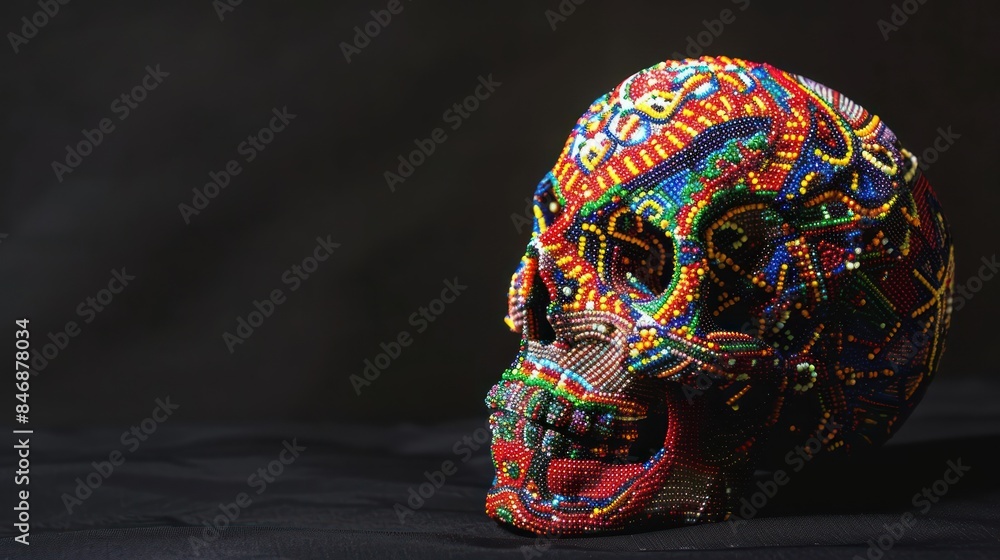 Wall mural Illustrate the concept of remembrance and celebration with a striking stock photo showcasing a human skull crafted from colorful beads, honoring the memory of loved ones against a black backdrop. 