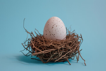 Fototapeta premium An egg in a nest, on a blue background, with a style of farm security administration photography.