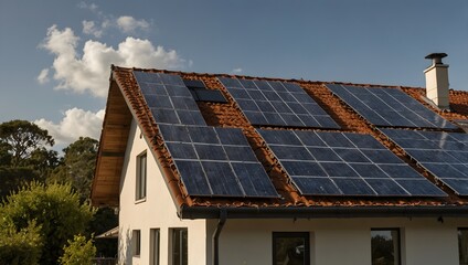 A top the house, solar panels gleam in the sunlight, harnessing the power of the sun for sustainable energy ai_generated