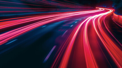 Obraz premium A car drives down a road, leaving behind red light trails and colorful curves.
