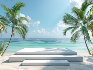 Minimalist white podium on a tropical beach, turquoise waters and palm trees, serene summer ambiance for product display