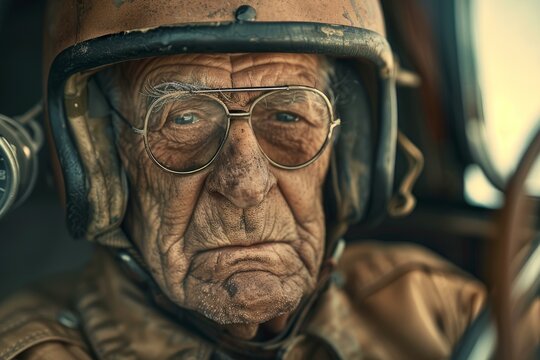 Closeup of an elderly man with glasses wearing a classic pilot helmet and jacket, evoking nostalgia and history