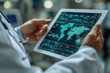 health care business graph data and growth, Medical examination and doctor analyzing medical report network connection on tablet screen in hospital