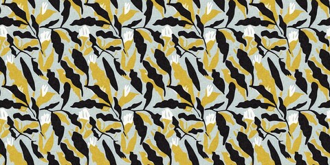 Modern printed fabric flower block print pattern with linen texture effect. Stylized boho dark floral for chic fashion background motif border design.