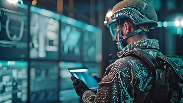 At a makeshift base, uniformed soldiers study data on a tablet and plan their strategies.