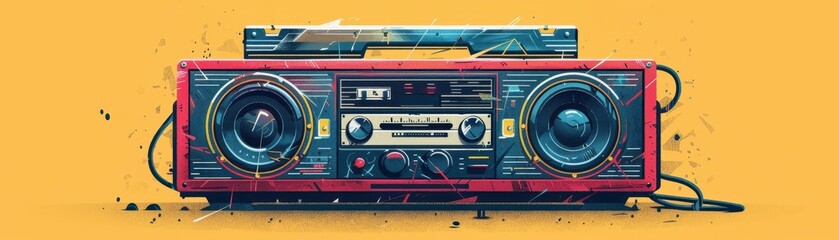 Fototapeta premium Minimalist illustration of a vintage boombox with bright accents