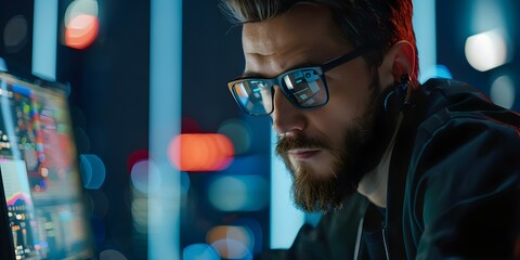 Cybersecurity analyst evaluates data trends assesses risks implements safeguards for security. Concept Cybersecurity Analysis, Data Trends Evaluation, Risk Assessment