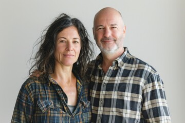 Fototapeta premium Portrait of a satisfied caucasian couple in their 40s dressed in a relaxed flannel shirt in minimalist or empty room background