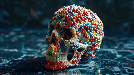Visualize the complexity of the human experience with a captivating stock photo featuring a human skull constructed from an intricate arrangement of colorful beads.