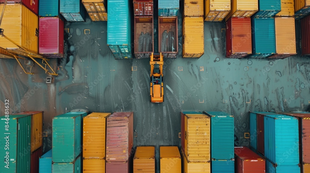 Poster dynamic shot of a forklift handling multi-colored containers in a shipping yard, perfect for highlig