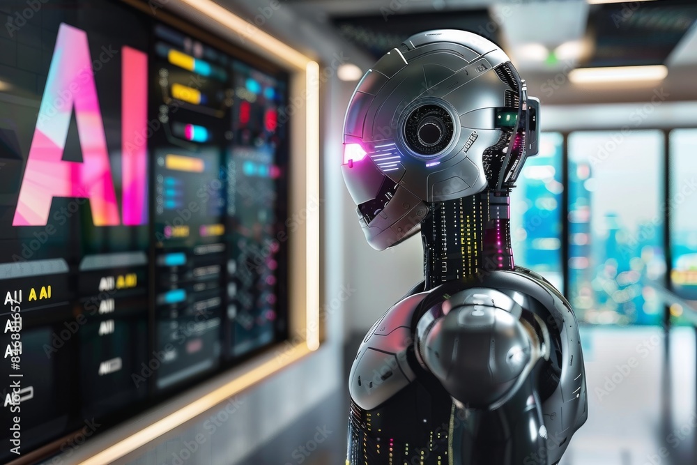 Poster ai humanoid robot with vibrant neon lights and intricate details in a high tech environment reflecti