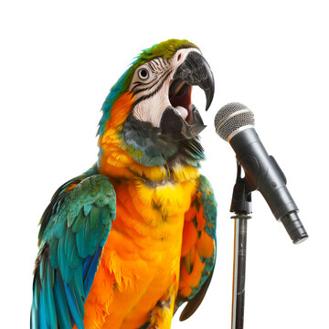 A parrot singing in front of the mic, isolated on transparent png background