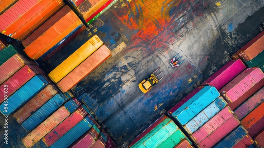 Poster dynamic shot of a forklift handling multi-colored containers in a shipping yard, perfect for highlig