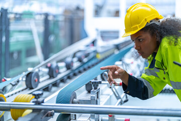 Portrait of African woman worker beautiful face with eye confident and wearing working suite dress and safety helmet at heavy machine in industry factory. Engineer  worker concentrate on workplace.