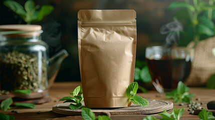 A brown paper bag standing on a pedestal surrounded by mint tea. Generative AI.