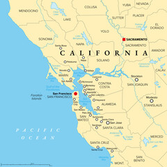 San Francisco Bay Area, a region of the U.S. state California, political map with counties and largest cities. An area that surrounds and include the San Francisco Bay, which is a large tidal estuary.