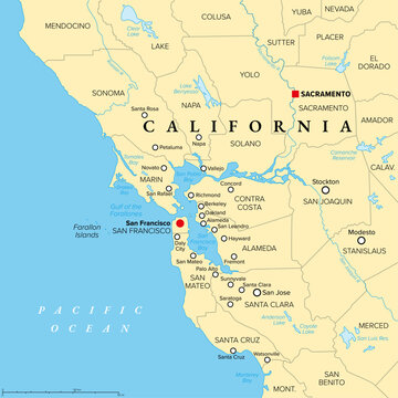 San Francisco Bay Area, a region of the U.S. state California, political map with counties and largest cities. An area that surrounds and include the San Francisco Bay, which is a large tidal estuary.