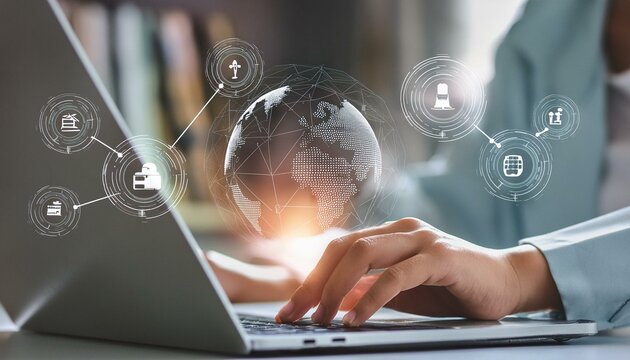 Hands processing data on a laptop