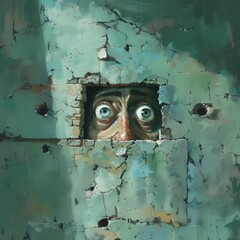 Person looking scared through a hole in a wall.