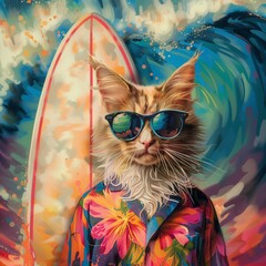 Cat with sunglasses and his surfboard.