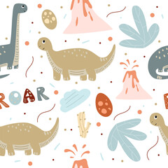 Seamless pattern with dinosaurs volcanoes, tropical plants, eggs and various dots on white background. Wild animal illustration for kids in pastel shades. Vector illustration design 