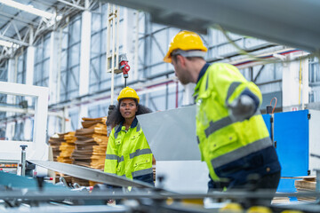 Fototapeta premium male and female technician engineers checking the process on Heavy machine. mechanical engineering team production. Industry manufacturing. Worker holding tablet and folde. High technology production.